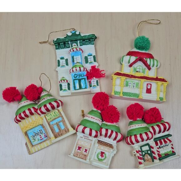 Christmas Village Ornaments 5 Holiday, Assorted Buildings 4" Tall Red Green - Picture 1 of 8